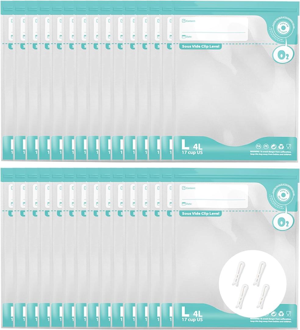 Sous Vide Bags Reusable, Vacuum Food Storage Bags 30 pcs (10.23 * 13.4in) Comes with 6 sealing sliders PA&PE material Double zipper Long-lasting freshness Bag for Cooking, Food Storage, L 30pcs