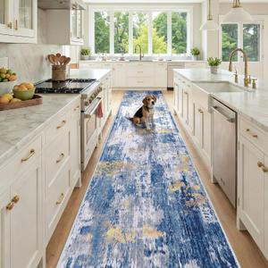 RELEANY Washable Runner 3'x12' Abstract Area Rug for Hallway Blue Gold | carpet for kitchen, entryway, bathroom, living room, bedroom, printed pattern, non-slip, soft, stain-resistant, easy to clean
