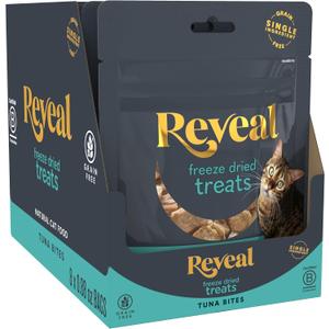 Reveal Natural Freeze-Dried Cat Treats, Single Ingredient, Grain Free, High Protein, Perfect for Training, Treating or Snacking, Tuna Fillet Bites (8 x 0.88 oz Bags) (EXP 12/08/27)