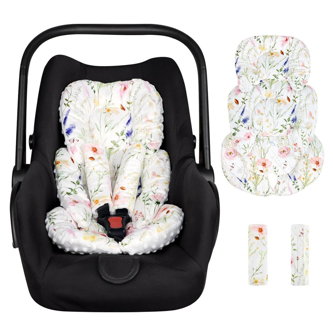 Infant Car Seat Insert, Car Seat Head Support Baby Girls Boys, Soft & Reversible Newborn Carseat Insert Cushion with 2 Strap Covers, for Stroller, Swing, Bouncer (White Wildflowers) (Watercolor Floral)