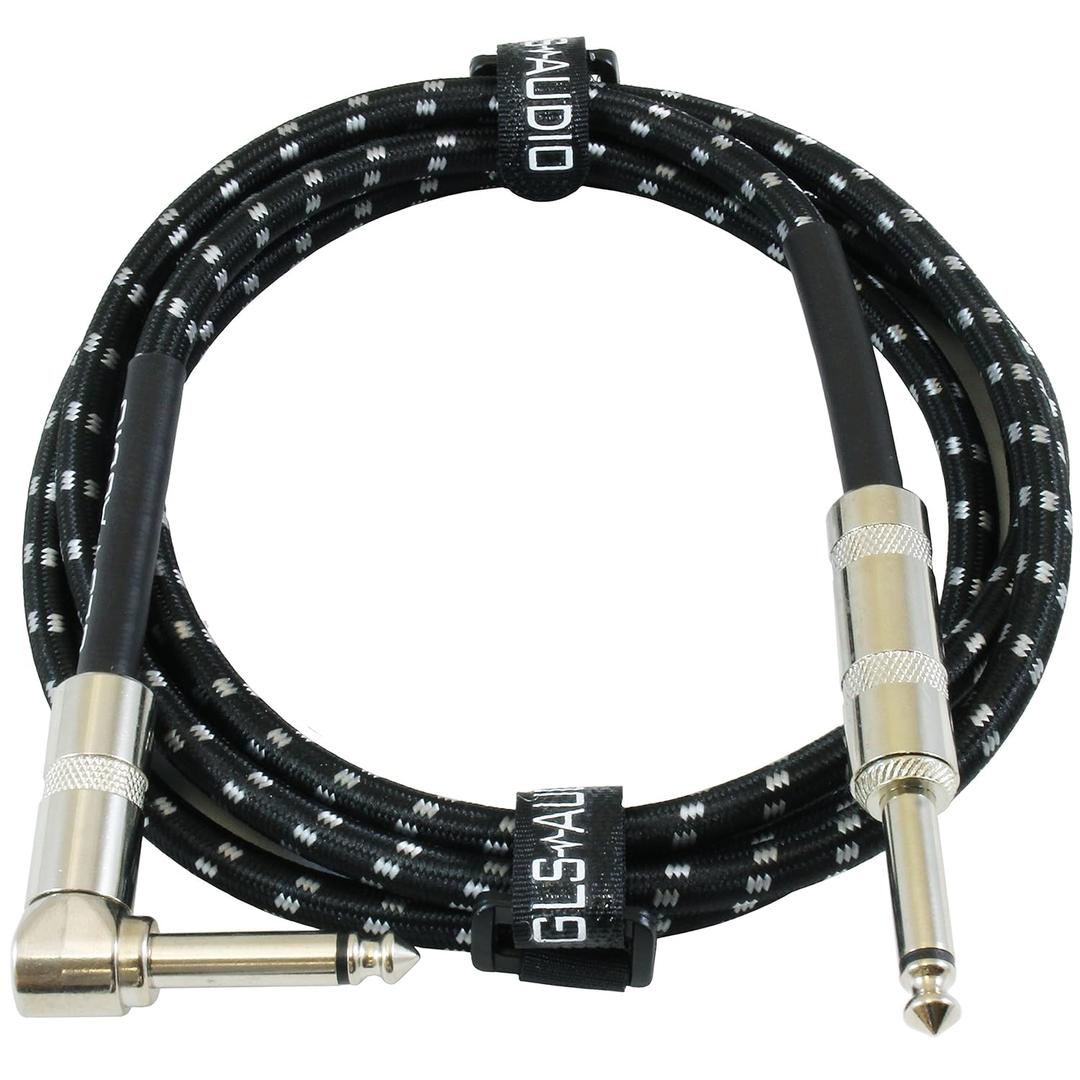 GLS Audio Instrument Cable - Amp Cord for Bass & Electric Guitar - Straight to Right Angle 1/4 Inch Instrument Cable - Black/Grey Braided Tweed, 6 Ft