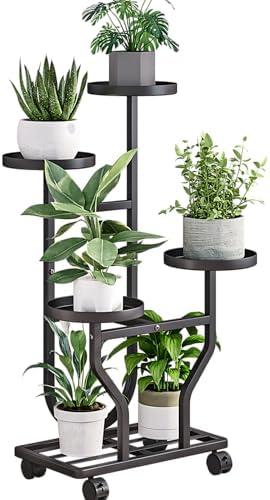 YIZAIJIA Plant Stand Indoor Outdoor 4 Tier Flower Holder with Wheels Metal Plant Shelf Corner Display Rack Multi Plants Sheleves for Living Room Garden Patio Black