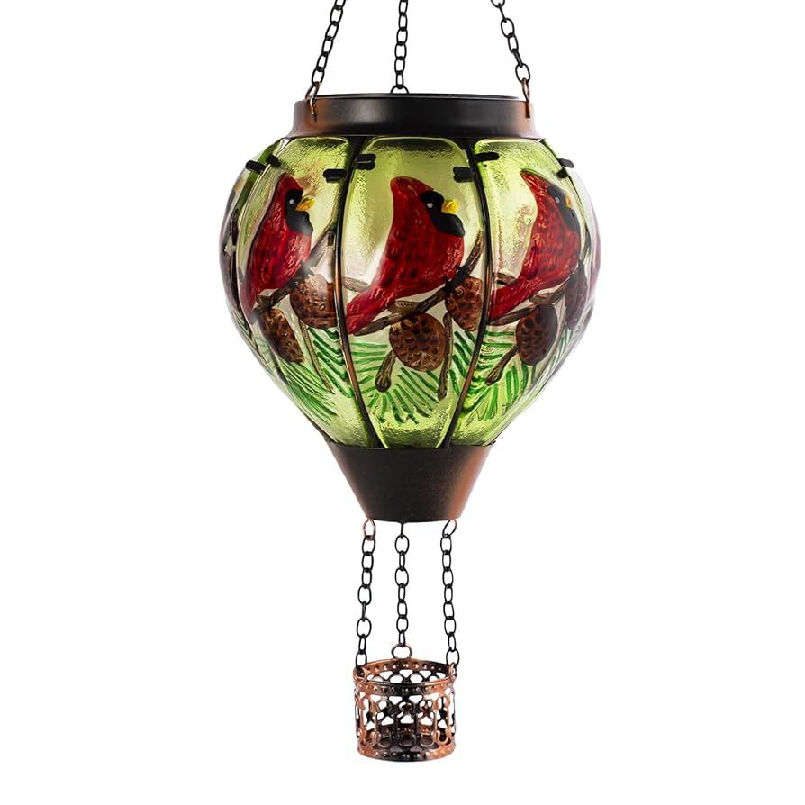 DREAMSKIP Large Hot Air Balloon Cardinal Solar Lantern Lights with Flame, Green Glass Balloon Lantern Waterproof Outdoor Decor for Garden Yard Patio, Birthday Mother's Day Gifts for Moms Women