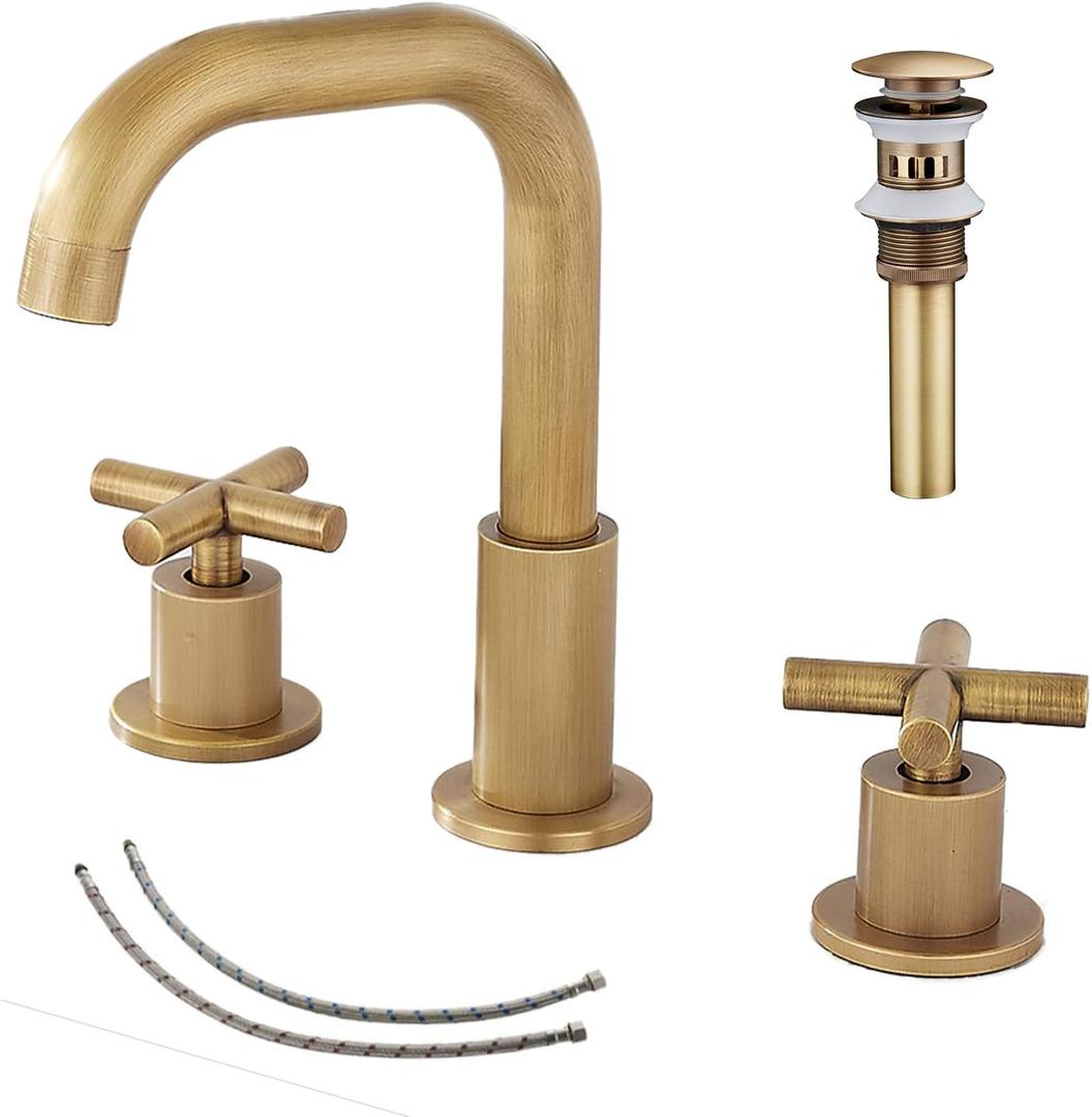 2 Handle Bathroom Faucet GGStudy3 Holes 360 Swivel Spout Antique Brass Widespread Bathroom Sink Faucet with Pop Up Drain