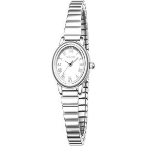 VAVC Small Silver Watches for Women, Analog Womens Watch with Stainless Steel Expansion Band, Oval Case Roman Dial, Water Resistant（5.91in-6.7in）