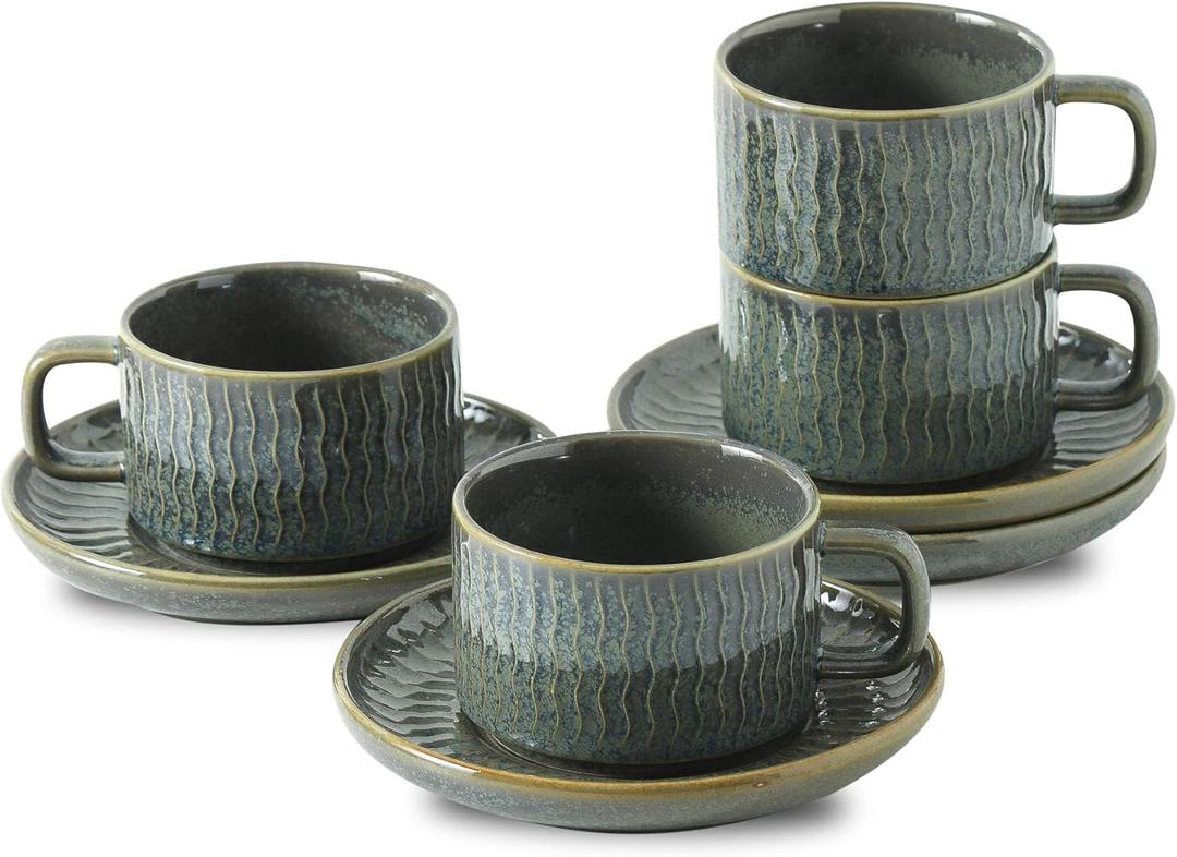 Espresso Cup with Saucer - 6 Ounce Ceramic Espresso Mugs Set of 4, Cappuccino Cups Set, Latte Coffee Cups for Coffee, Cafe Mocha, Tea, Green