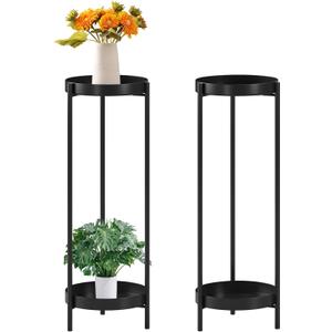 Set of 2 Metal Black Tall Plant Stands Indoor or Outdoor - 30 inch 2 Tier Modern Corner Flower Pots Rack Shelves with 2 Removable Display(10 inch) for Corner Living Room Balcony (2 Black)