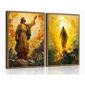2 Pcs Wood Framed Jesus Wall Art Decoration Paintings Religious Beliefs Christian Bible Themes Canvas Wrapped Posters Jesus Faith Artworks Gallery Level Prints Hanging Paintings Living Room Bedroom Church Decoration Pictures 16x24 Inch Yellow Jesus