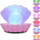 Shell Pearl Beach Themed Night Light, RGB 8 Colors Changing Mood Shell Pearl Lamps, Bedside LED Clamshell Portable Night Lights for Bar (Pink)