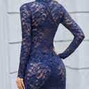 Avidlove Women Sexy Sheer Lace Bodycon Mini Dress Long Sleeve Mock Neck Cocktail Party Dresses See Through Lingerie Outfit (Blue, M)