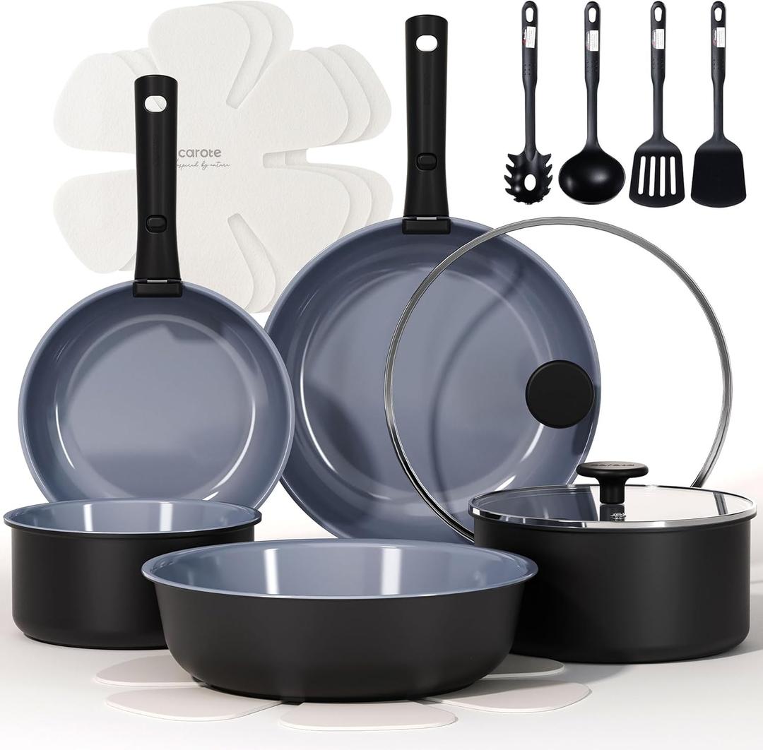 CAROTE 17PCS Ceramic Cookware Sets, Black and Gray, Pots and Pans Set Non Stick Non Toxic, Induction Cookware, Kitchen Cookware Sets, Pots Set for Healthy Cooking