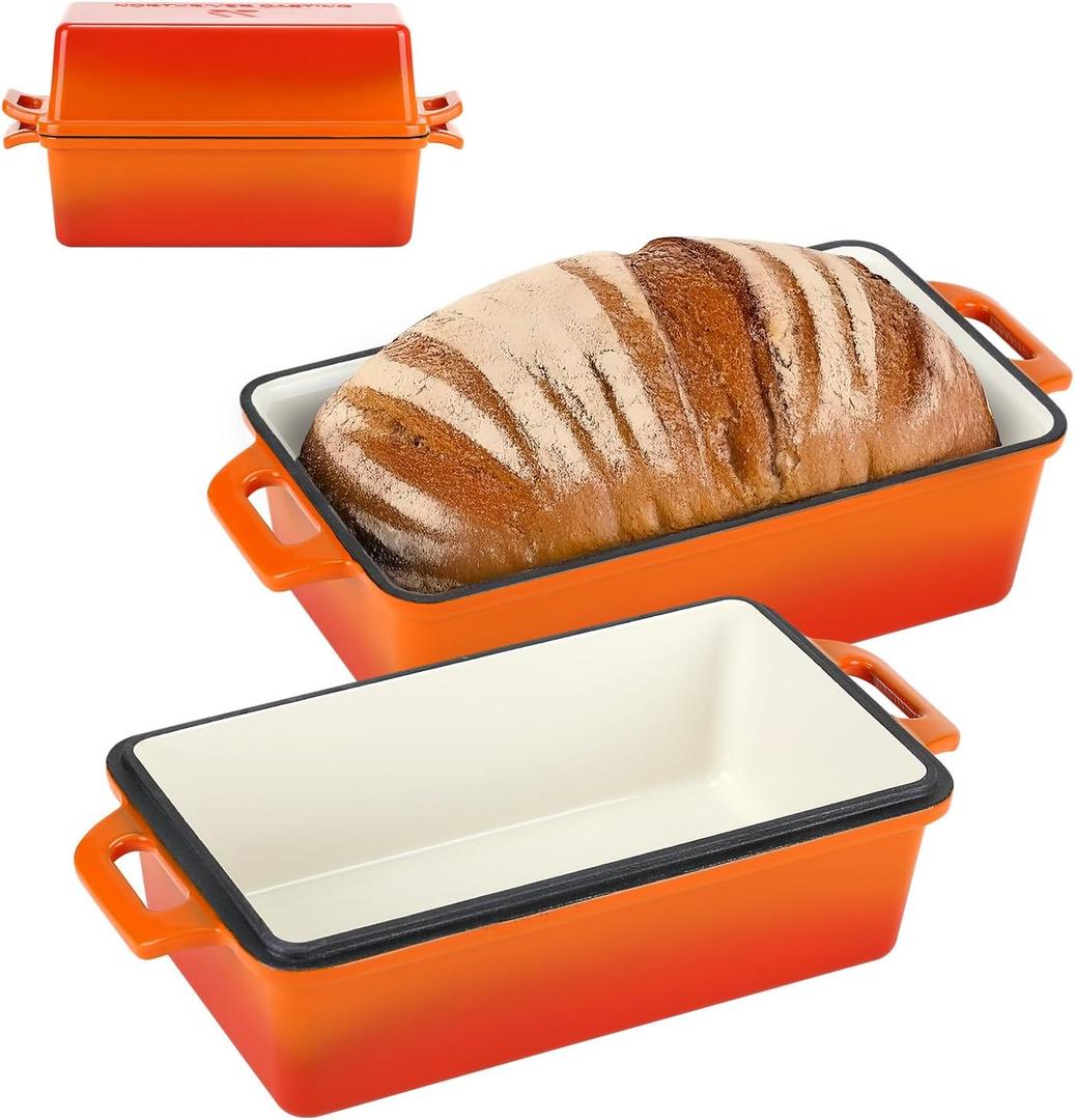 Northriver Casting Enameled Cast Iron Loaf Pan with Lid, Best Bread Oven, Bread Loaf Pans for Baking Homemade Sourdough Bread 9x5, 2 Piece set, Flame