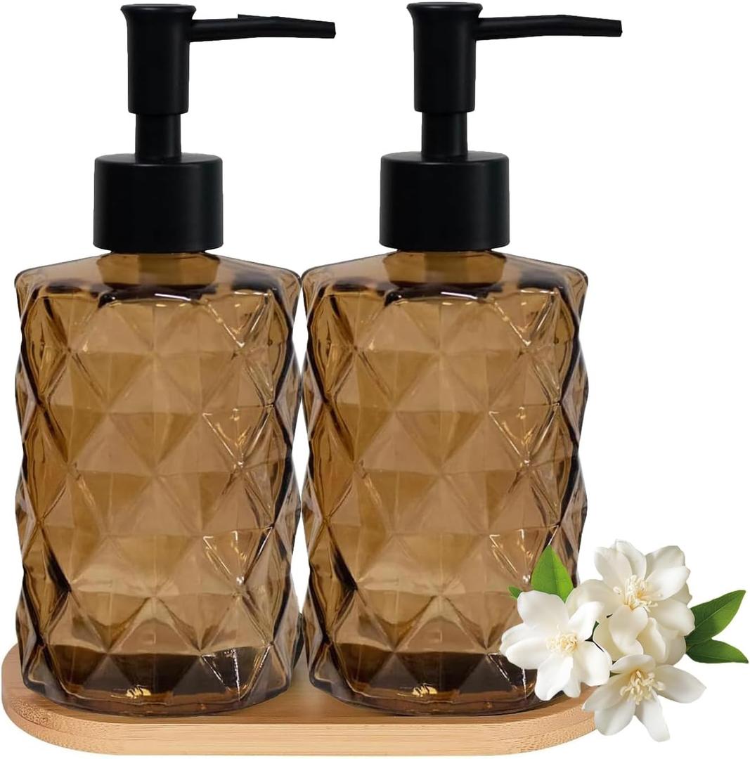Glass Hand and Dish Soap Dispenser Set of 2 with Plastic Pumps, Bamboo Tray, 12oz Brown Bathroom Soap Dispenser with Diamond for Hand Wash & Dish Wash, Ideal for Bathroom Kitchen Countertop