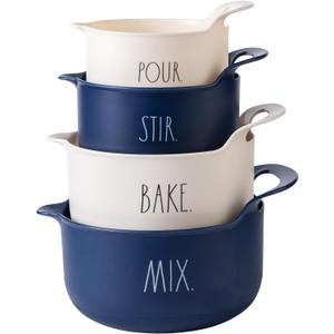 Rae Dunn Non-Slip Mixing Bowls - 4 Piece Nesting Plastic Mixing Bowl Set with Pour Spouts and Handles-Measurement Markings (Cream)