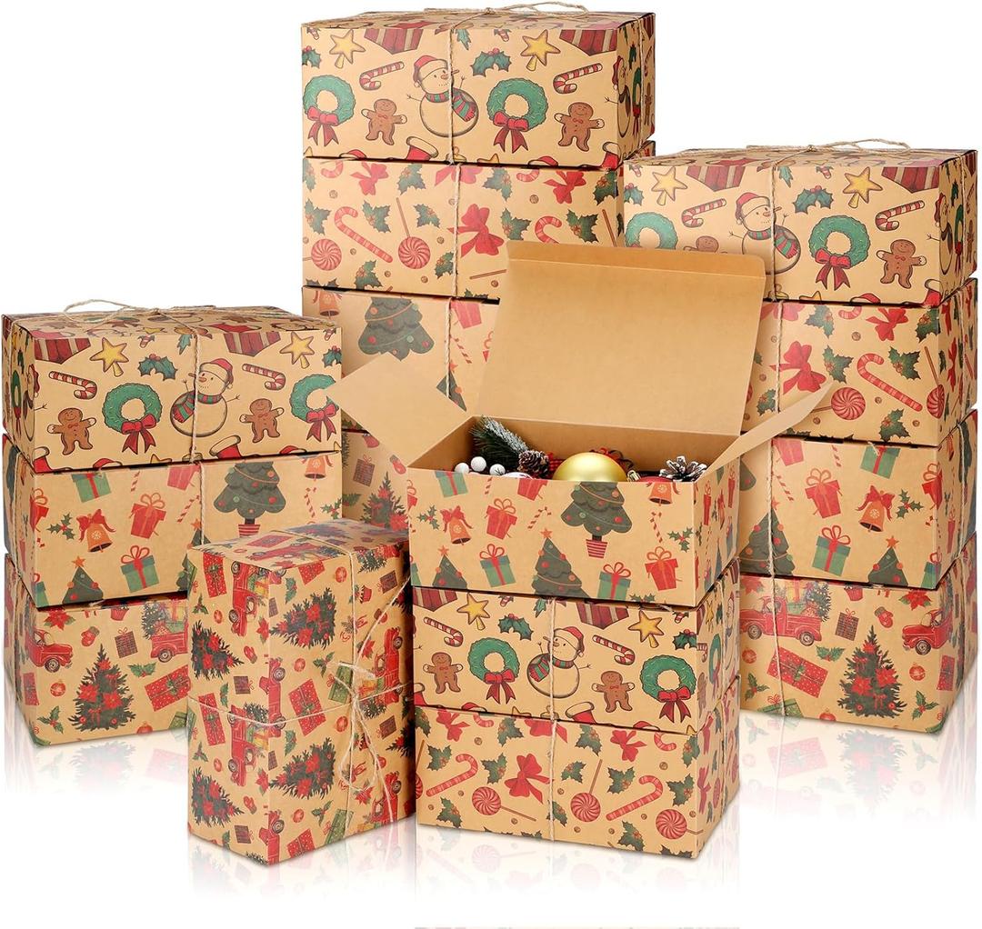Zhanmai 24 Pcs Christmas Brown Gift Boxes with Lids and Twine Kraft Paper Box for Christmas Bulk Gift Packaging Holiday Present Wrapping, 4 Styles(9.45x6.5x4 Inch)