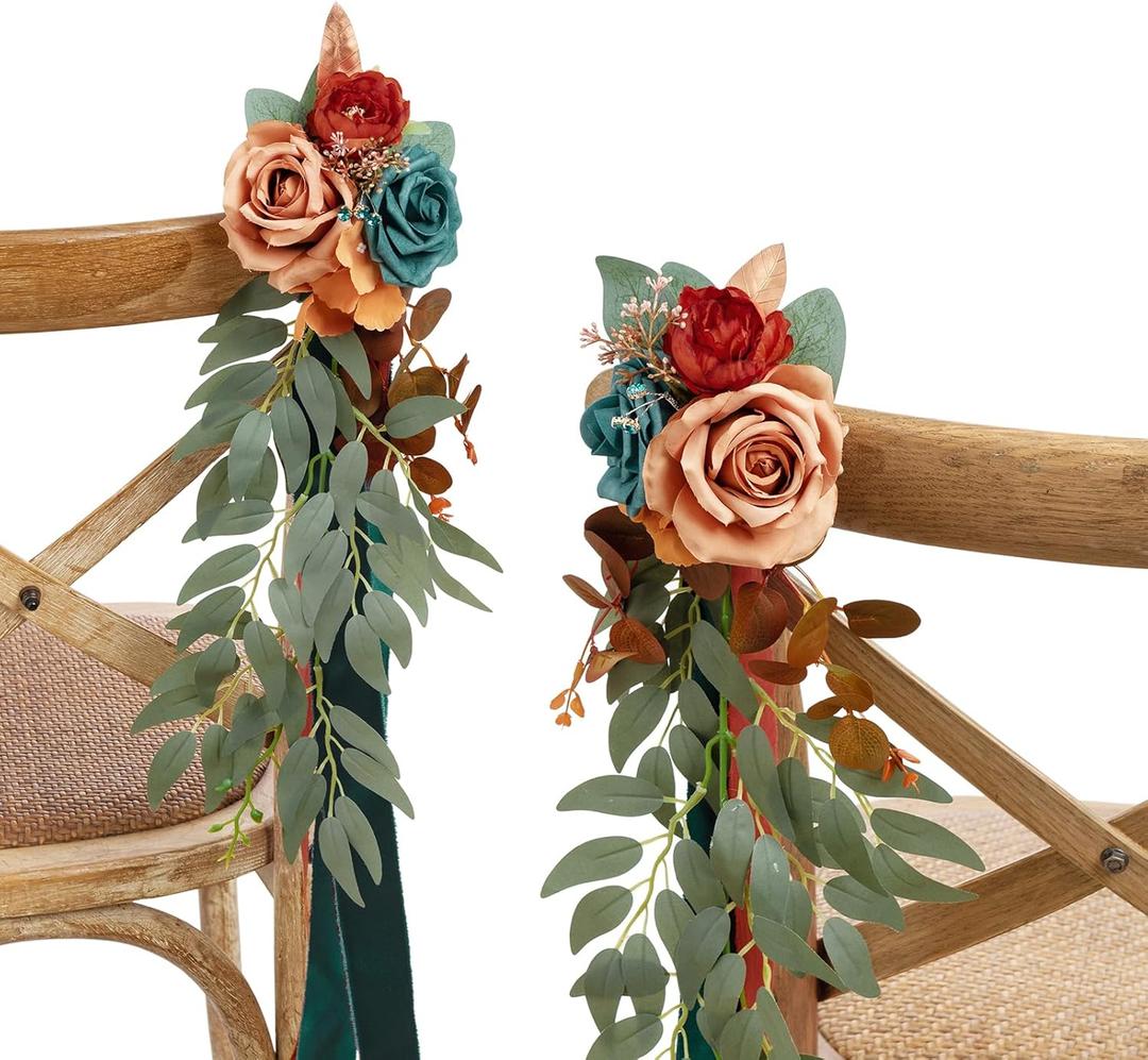 Ling's moment 8pcs Wedding Artificial Aisle Pew Flowers Chair Decorations Arrangements with Chiffon Ribbons Burnt Orange for Ceremony Chair Back Floral Decor Reception Church Party Outdoor