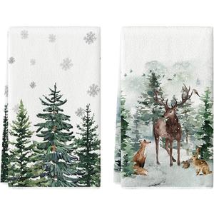 Artoid Mode Elk Trees Snow Hello Winter Kitchen Towels Dish Towels, 18x26 Inch Seasonal Christmas Decoration Hand Towels Set of 2