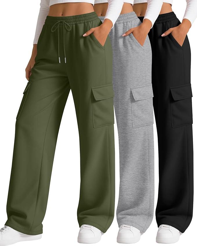 Women's Cargo Pants Multi Pocket Spring Summer Wide Leg Trousers Casual Loose Sports Long Pants,XL, Pack of 3, Green,Grey, Black
