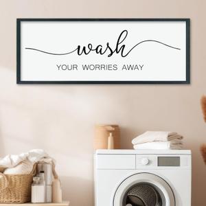 LuZhiQiang Laundry Room Wash Your Worries Away Wall Decor 40"×15" Inspirational Quote Sign for Bathroom Relaxation Room Rustic Farmhouse Large Wooden Framed Wall Hanging Art (Black)