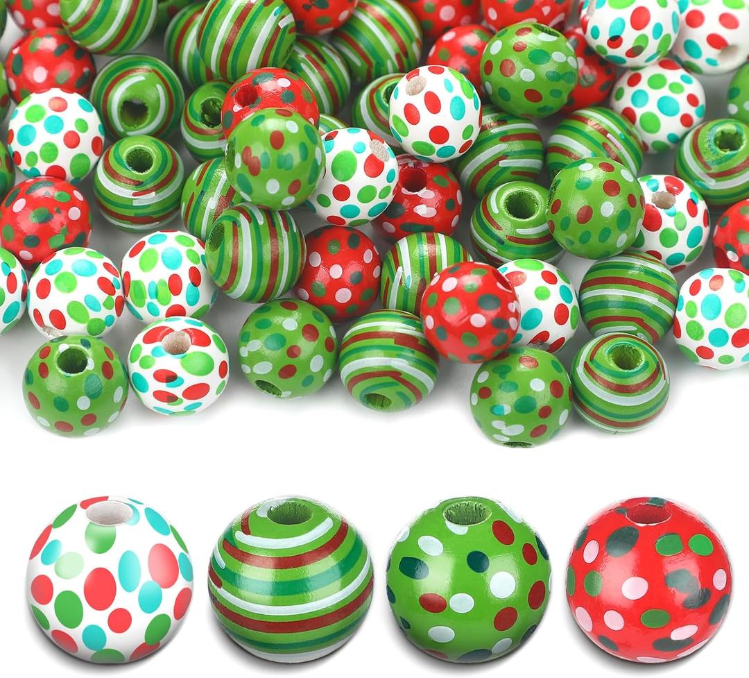 Youyole 100 Pieces Christmas Wooden Beads for Crafts Candy Cane Wood Beads 0.63 Inch Dotted Striped Colorful Round Spacer Natural Craft with Hole for DIY Craft(Polka Dot Style)