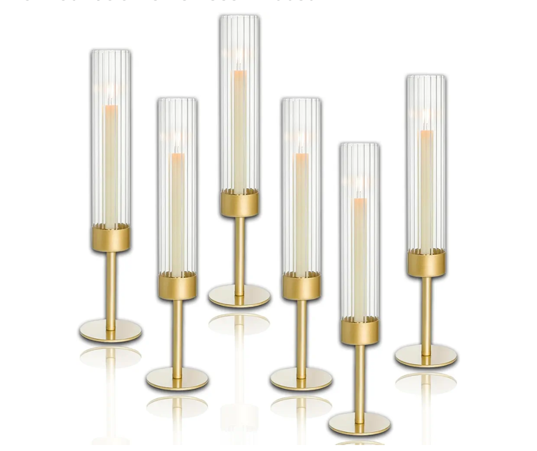 Glass Hurricane Candle Holders Set of 6, Brass Candlestick Holders, Taper Candlestick Holders, Elegant Dining Table Centerpiece for Wedding, Christmas & Home Decor-Ribbed