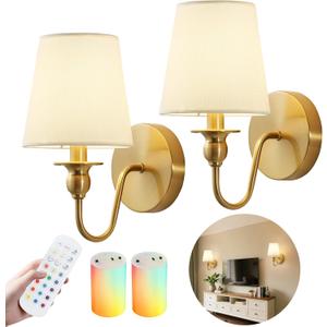 Battery Operated Wall Sconces set of Two,Wireless Wall Sconces with 10000mAh Dimmable Bulb and Remote,LED 15 Colors Rechargeable Gold Wall Sconce with Fabric for Bedroom Living Room Hallway Wall Decor