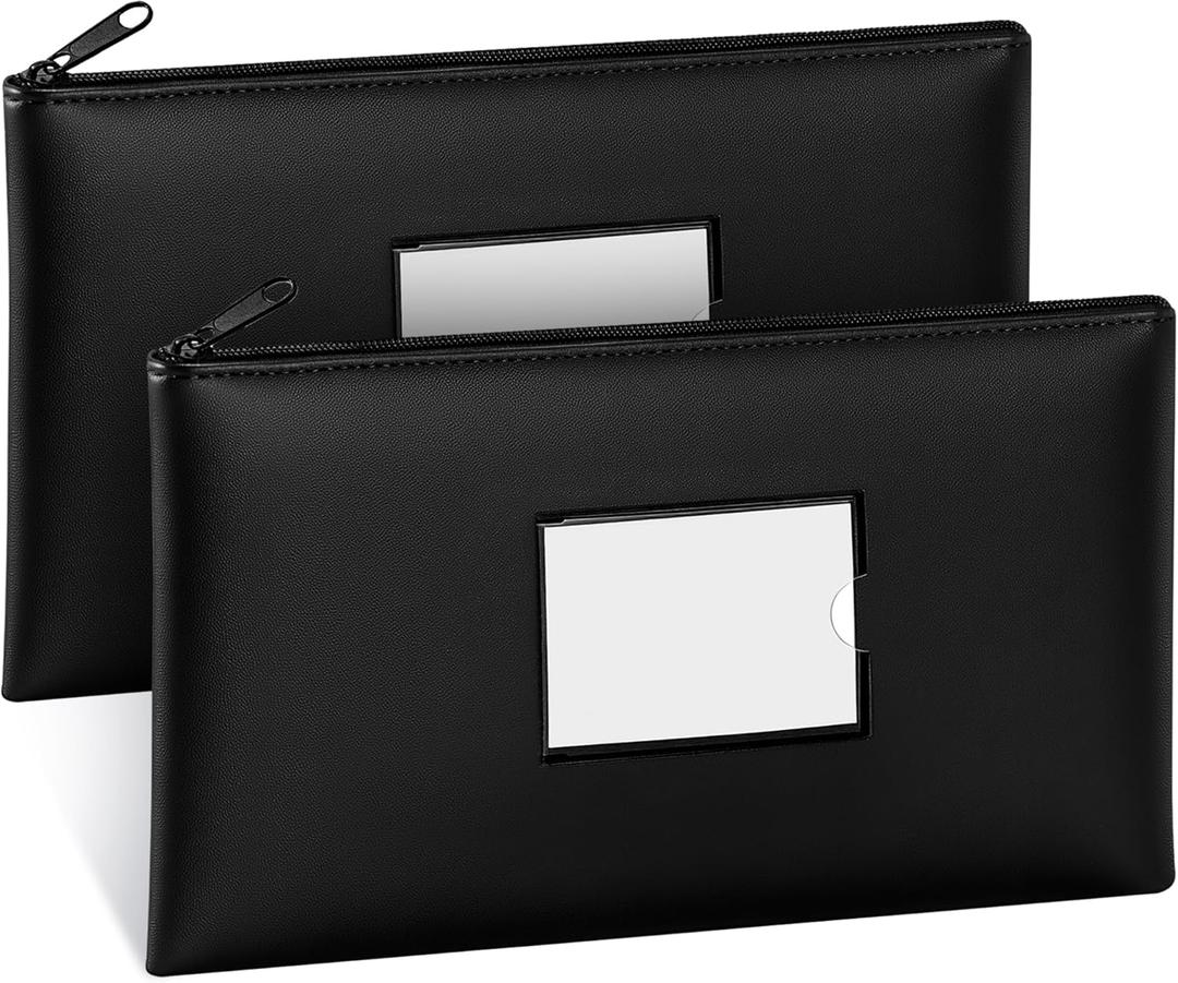 SMARTAKE Money Bags with Zipper, 2-Pack Bank Bags with Label, Waterproof Leather Money Pouches, for Cash Coin Bill Invoice Deposit Receipt Storage and Organize, 11.5 x 6.2 Inches (Black)