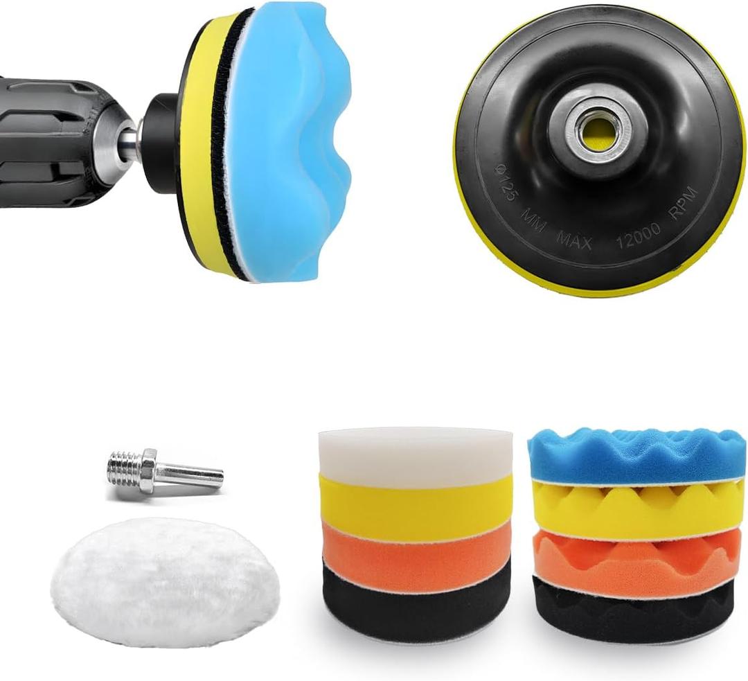 11PCS Car Foam Polishing Pads Kit, 5 Inch Hook and Loop Polishing Pads with M14 Drill Adapter, Sponge Pad Wool Buffing Pad Drill Polishing Kit for Car Detailing Waxing