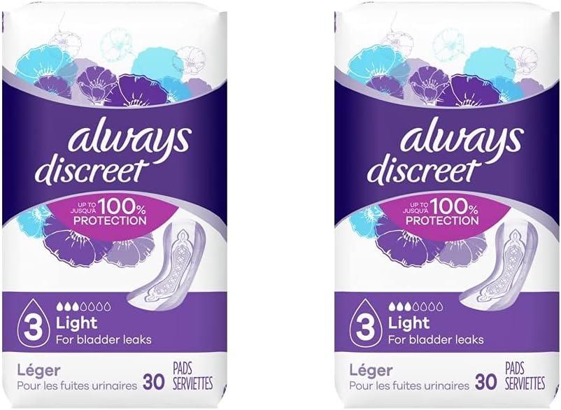 Always Discreet, Incontinence Light Pads, 3 Drops - 30 Pads Each (Value Pack of 2)