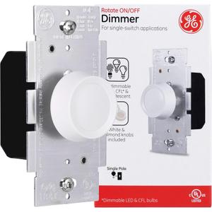 GE Single Pole Rotating Dimmer Switch, Rotate On/Off, Use with Dimmable LED, CFL, and Incandescent Bulbs, Includes Two Knob Colors, UL Listed, White/Light Almond, 18021