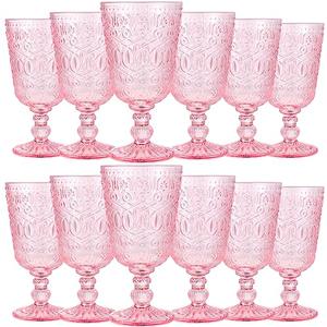 Eaasty Wine Glasses Set of 12 Vintage Goblet 9 oz Vintage Colored Glass Goblet Beverage Stemmed Glass Cups Romantic Embossed Glassware for Wedding Party Holidays Anniversary (Pink)