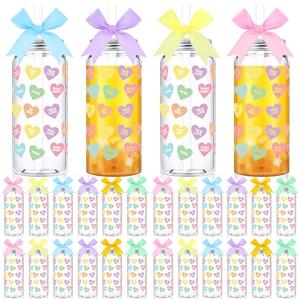 Qinyoung 24 Pack Reusable Valentine's Day Cups with Lids and Straw Bows Candy Conversation Heart Plastic Cups 13.5oz Valentine's Party Clear Drinking Cup Tumblers for Galentines Party Supplies Gifts