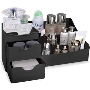 Mantello Modern Minimalist Black Bathroom Organizer - 9 Compartment Countertop Sink Tabletop Caddy for Men Women - Makeup Skincare Toiletries Organizer