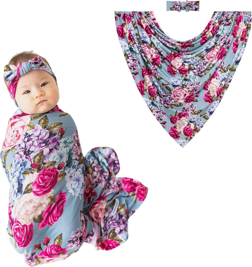 Posh Peanut Swaddle Blanket & Headband Set – Viscose from Bamboo Stretchy Baby Swaddle for Newborn Girls, Receiving Blanket or Nursing Cover