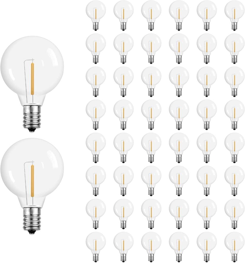 Meconard G40 Led Replacement Light Bulbs, 1.57 Inch 1 Watt Shatterproof LED Globe Bulbs for Indoor Outdoor String Lights, E12 or C7 Candelabra Screw Base Sockets, Warm White, 50 Pack