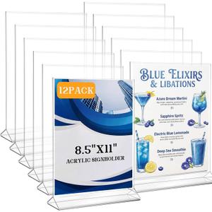 Thyle 12 Pack Acrylic Sign Holder Clear Picture Photo Frame, Double Sided T Shape Menu Table Stands Plastic Paper Flyer Display Stand with Base Photo Holders for Wedding Office Restaurant (8.5x11 Inch)