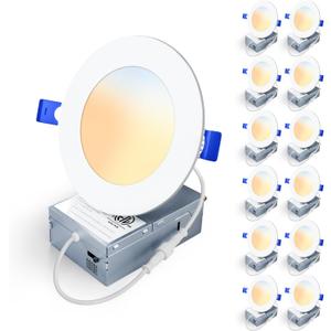 12 Pack 4 Inch 5CCT LED Recessed Light, Silm Canless Recessed Lighting, Dimmable, Damp Rated, 2700K-5000K Selectable, Wafer Ceiling Downlight with Junction Box, 750LM, 9W 120V, ETL&FCC