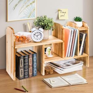 Adjustable Desktop Storage, Wood Display Bookshelf with 7 Compartments, Expandable Desk Shelf Hutch, Office Storage Rack for Desk Table Storage and Organization