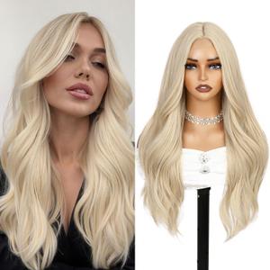 WIGER Mixed Blonde Long Wavy Wigs Middle Part Curly Wavy Layered Wig Glueless TALOS Synthetic Heat Resistant Fiber Wig for Women Cosplay Party Christmas (Blonde)