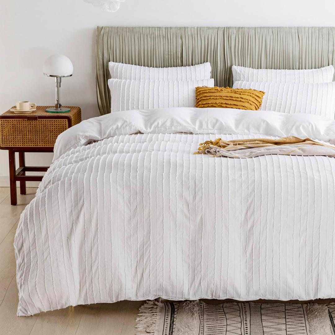 JELLYMONI Duvet Cover King Size Bright White - 3PCS Boho Striped Duvet Cover Set Polyester Tufted Bohemian Textured Comforter Cover 10490in with Corner Ties & Zipper and 2 Pillowcases