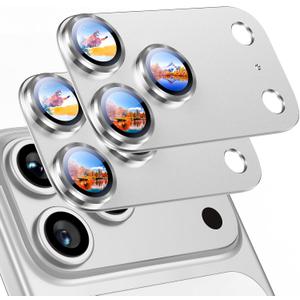 Uyiton Compatible with iPhone 17 Pro Camera Lens Protector - [Not Easy to Break][Strong Adsorption][Case-Friendly] Metal Tempered Glass Rear Camera Screen Cover - Silver, 2 Packs