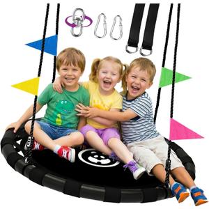 HeyZoo 48 Inch Saucer Swing for Kids & Adults, 900lbs Weight Capacity Heavy Duty Tree Swing Sets for Backyard with 2 Hanging Straps, Adjustable Ropes & Center Swivel Spinner, Gifts for Family, Black