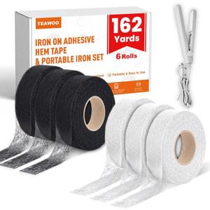 6 Rolls 162 Yards  Hemming Tape with Portable Iron, 3/4 Inch x 27 Yards Each, 3 White & 3 Black, Iron-On Hem Tape for Pants, Curtains, Dresses & Crafts