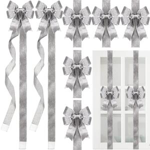 XunYee 15 Pcs Glitter Large Christmas Cabinet Ribbons Bows Thick Velvet Festive Xmas Bow Edge Burlap Door Decoration for Christmas Tree Fireplace Kitchen Gift Wrapping (Silver)