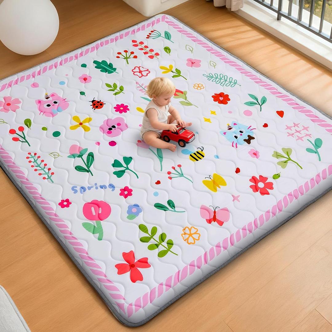 RONGFA Baby Play Mat for Floor, 50'' x 50'' Thicken Foam Soft Padded Mat for Baby, Playpen Mat for Toddlers Infant Kids, Machine Washable, Non-Slip Bottom Safe for Crawling (Flower)