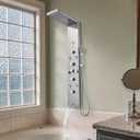 POPFLY LED Rainfall Waterfall Shower Panel Tower System, 4 Body Jets and 4 Mist Spray, 3-Function Handheld Shower, 304 Stainless Steel Shower Tower with Temp Display, Brushed