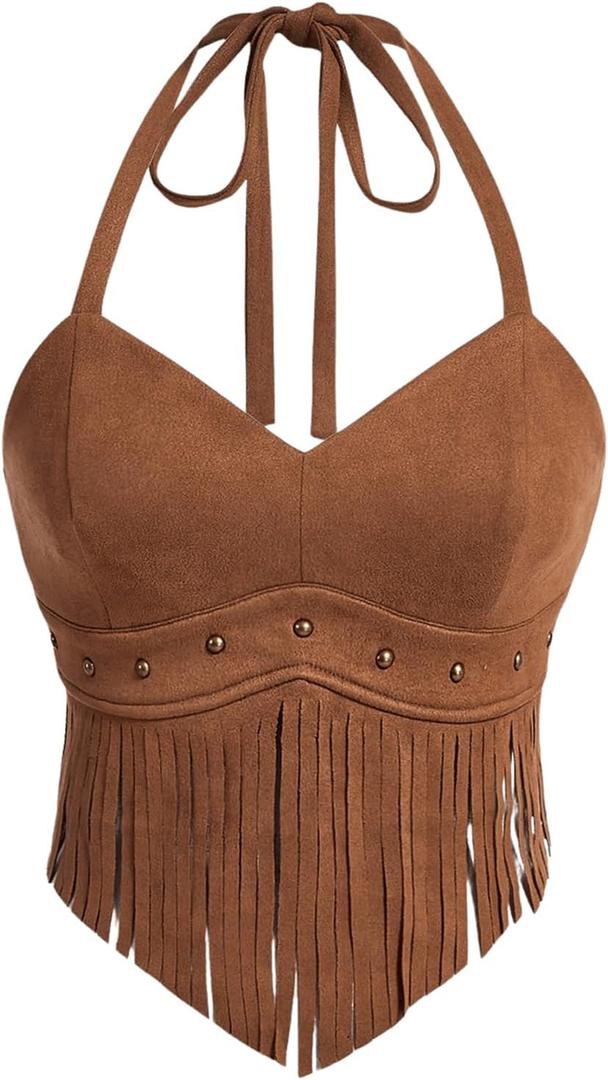 OYOANGLE Women's Plus Size Fringe Halter Top V Neck Beaded Cowgirl Western Suede Crop Top, 3XL