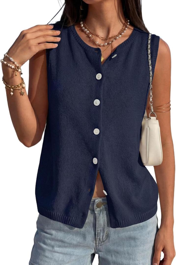 PRETTYGARDEN Sweater Vest Women 2026 Summer Sleeveless Cardigans Trendy Knit Vest Top Button Down Spring Sweater Tops (Medium, Navy Blue)