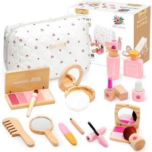Wooden Makeup Toy Set for Girls - Pretend Play Makeup Kit for Toddlers 3-5 with Eyeshadow/ Mascara/ Perfume/ Blush/ Mirror/ Bag, Birthday Gifts for Girls Toys Kids Aged 3 4 5 6 7 8