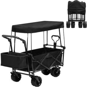 ALIMORDEN Foldable Canopy Wagon Garden Cart, Heavy Duty Outdoor Utility Collapsible Tool Cart with Removable Canopy and Big Wheels, Black
